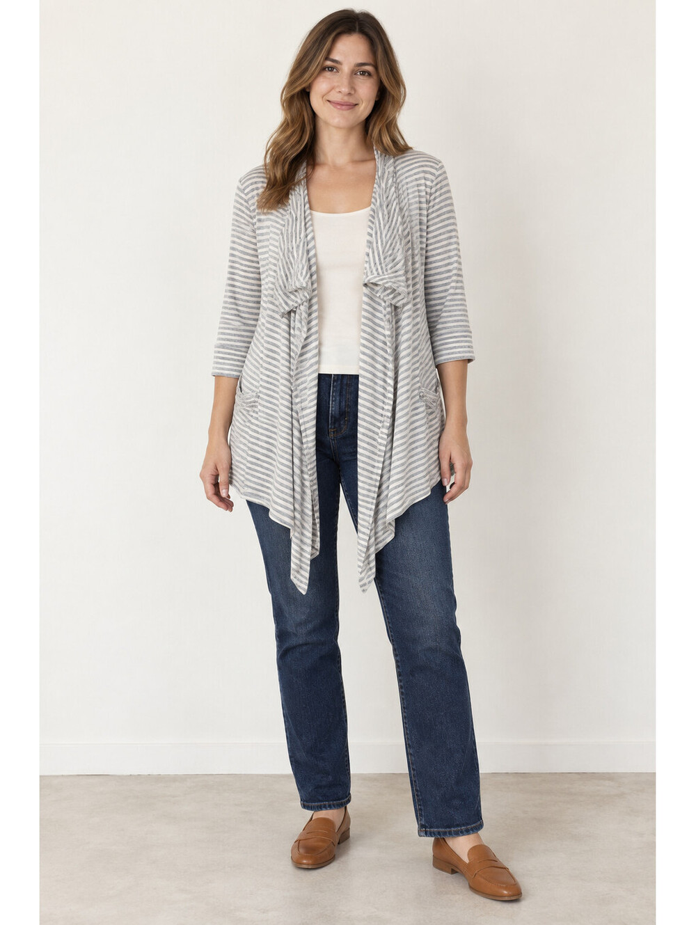 The Limited Women's M Gray Stripe Linen Blend Waterfall Cardigan Coastal Y2K